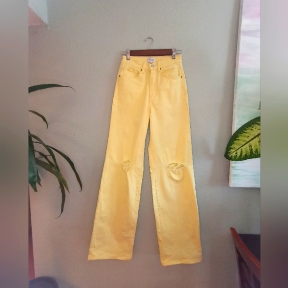 Asos Only High Rise Wide Leg Boho Butter Yellow Distressed Hippie Flare Jeans 26